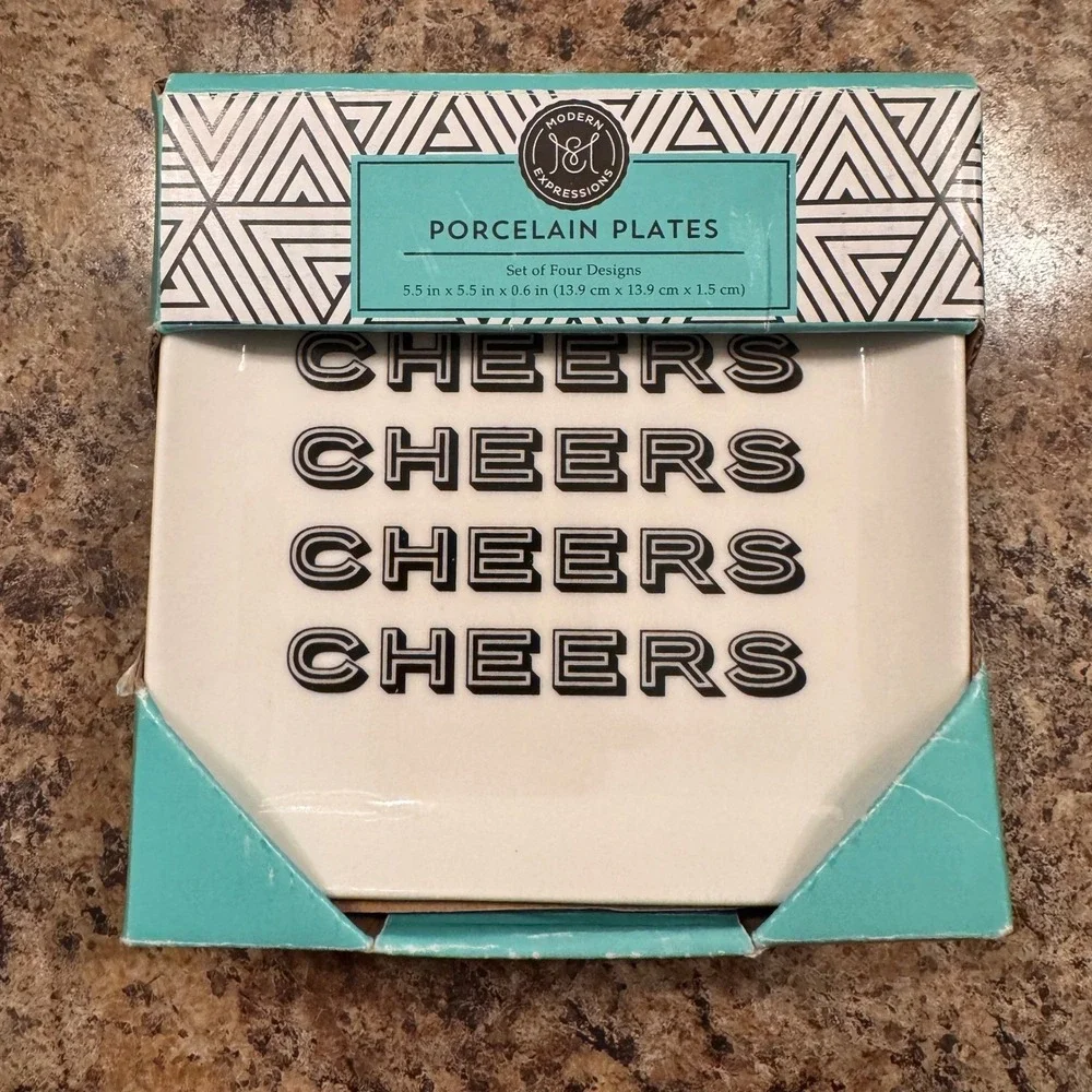 Modern‎ Expressions Porcelain Appetizer Plates Set of 4 Cheers Celebration 5.5in